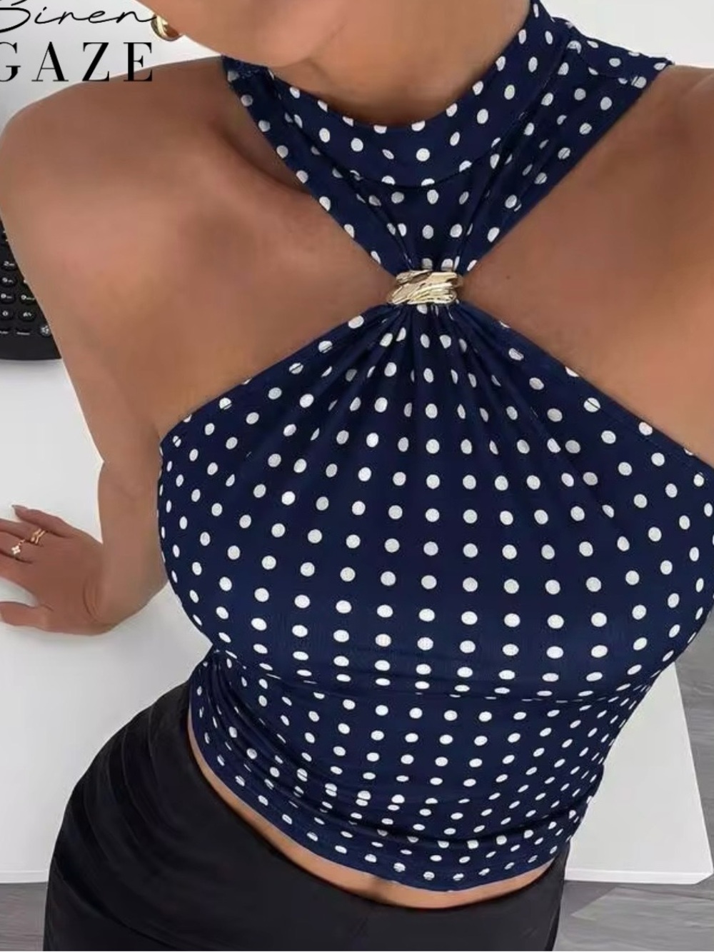 SHEIN Navy & White Polka Dot Halter Top – Size Small